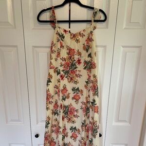 April Cornell Cream & Pink Floral Lined Cotton Maxi Sun Dress w Shirred Back. M